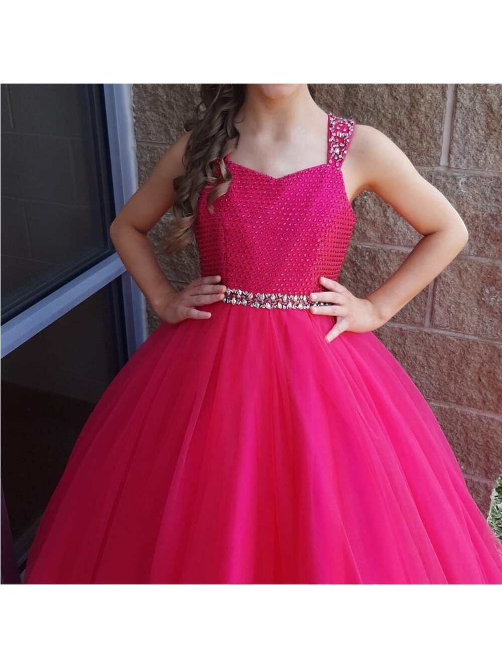 Girls Hot Pink Beaded Tulle Ball Gown Dress